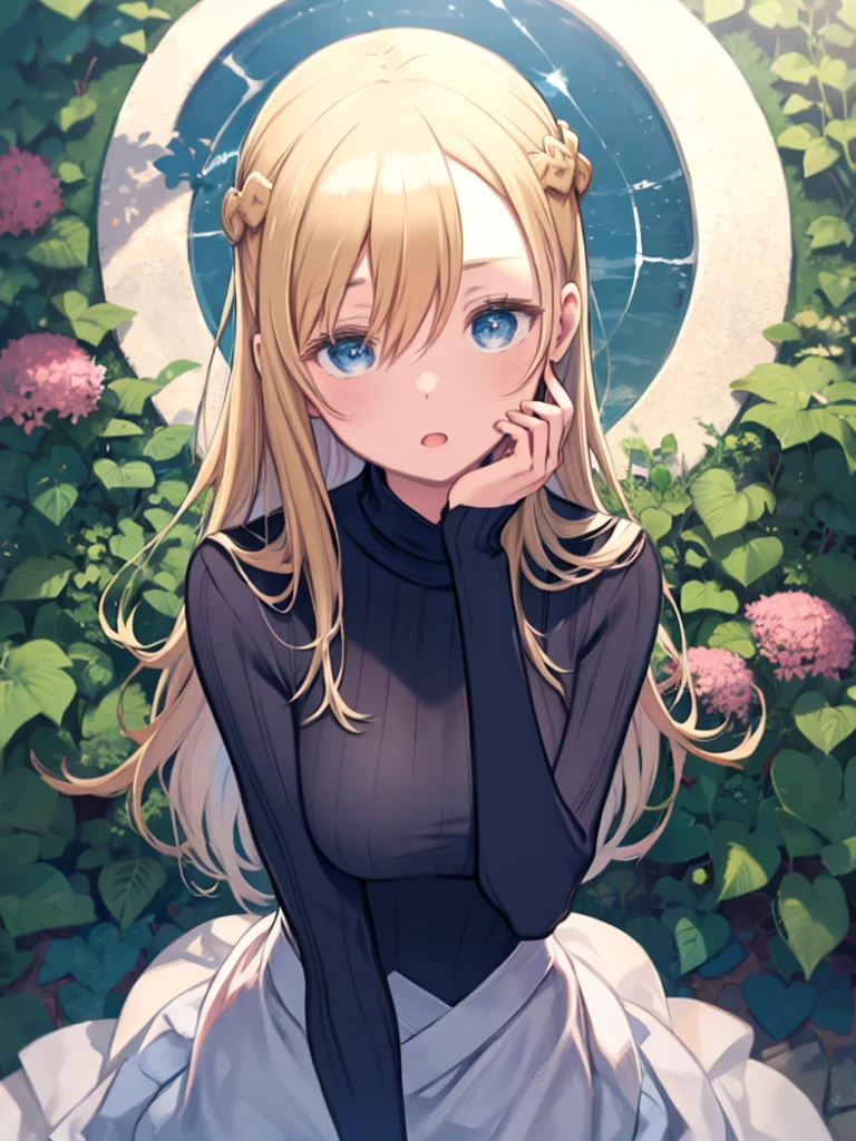 One Woman、((Touching the cheek with one hand))、Upper Body、close your eyes、Look up、Face facing up、Open your mouth a little、Angle from above、Blonde Hair、Hair between the eyes、long hair、Braid、Blue Eyes、Big Breasts、Accurate hand drawing、Green turtleneck rip-off sweater、Long sleeve、Outdoor、Standing in a garden with beautiful flowers、