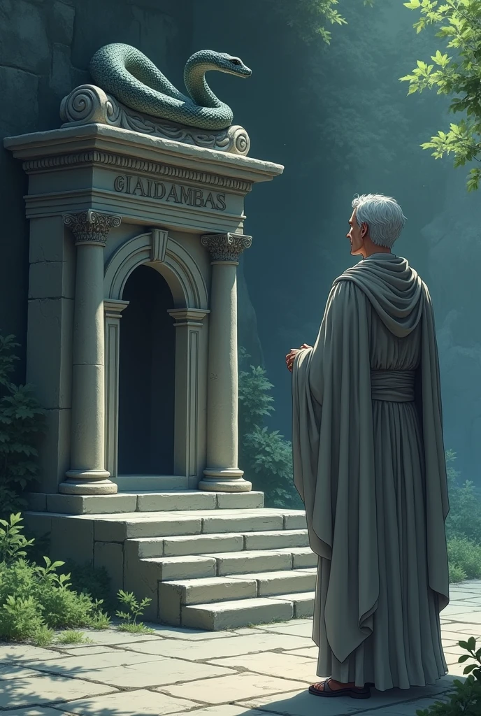 sacerdote grego, with gray and white clothes, facing a tomb with a snake statue, ((anime styling)), side scene.