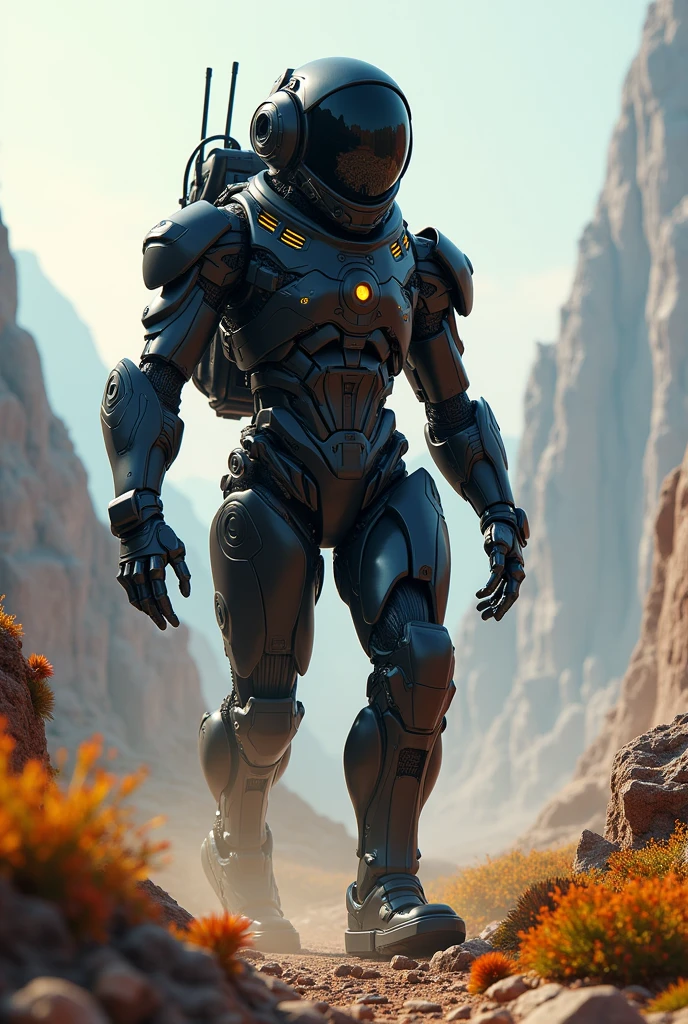 An astronaut in a black robotar lion on another planet