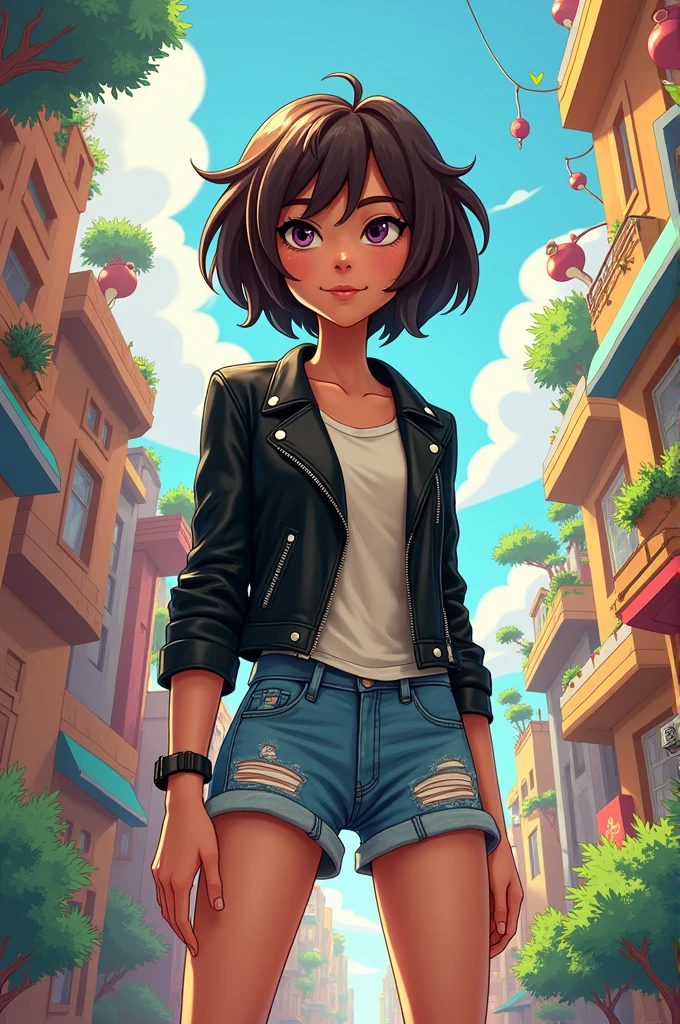 In the adventure time art style make one with short jean shorts and a black leather jacket with dark brown hair