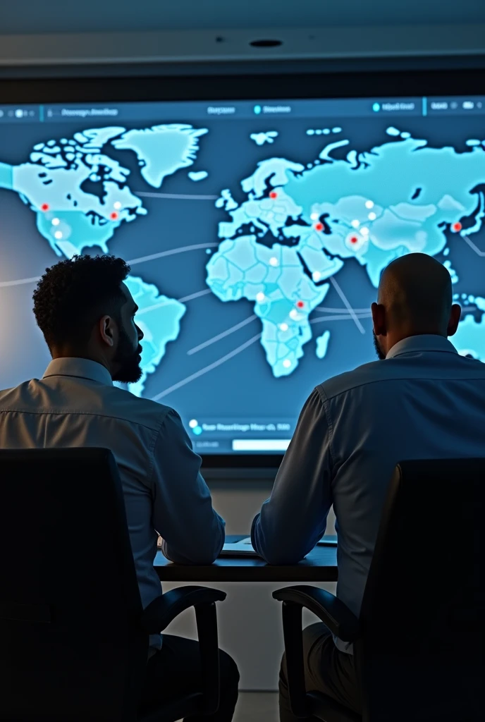 LHACEN a Maghrebi project manager he shaved his beard ,round face, cheveux tres courts ,sitting with Adama young black obese ,very broad shoulder, un beaucoup de ventre et une grosse tete et chauve ,They look at a large screen that projects telecom network maps
