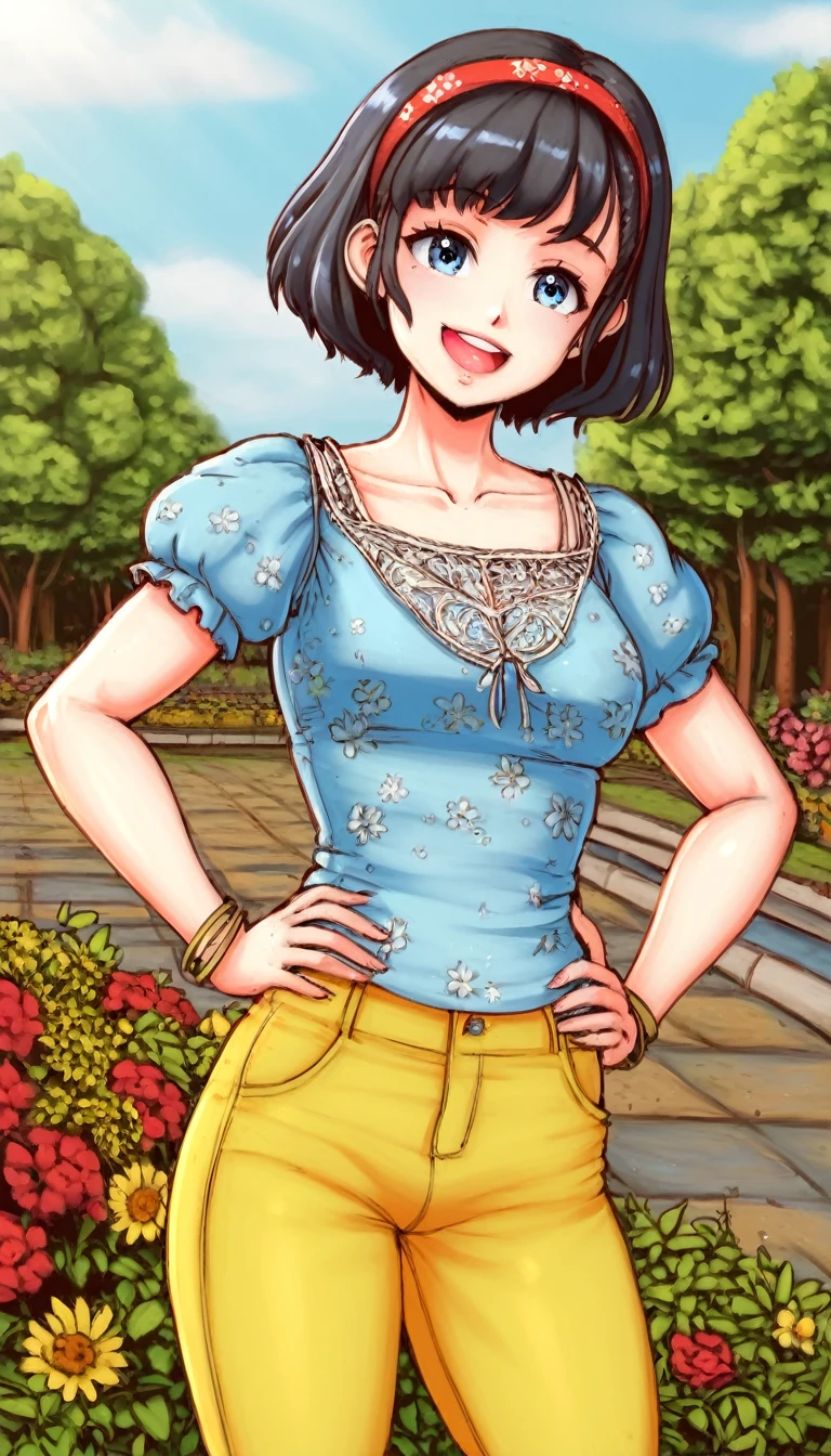 1girl, Solo, black hair, blue eyes, pale skin, blue t shirt, puffy short slevees, yellow pants, short hair, smiling, floral print, open mouth, garden, outdoors, red, hands on hips, head band, standing, Masterpece, looking at the viewers, cowboy shot, ,looking at veiewers,Best Quality, puffy short sleeves, Masterpece, looking at the viewers, cowboy shot, ,looking at veiewers,Best Quality, Bracelet, squard neck, 1990's style, 4K, 8K, UHD, ultra-detailed, HDR, High quality, Best Quality, ((masterpiece: 1.2)),