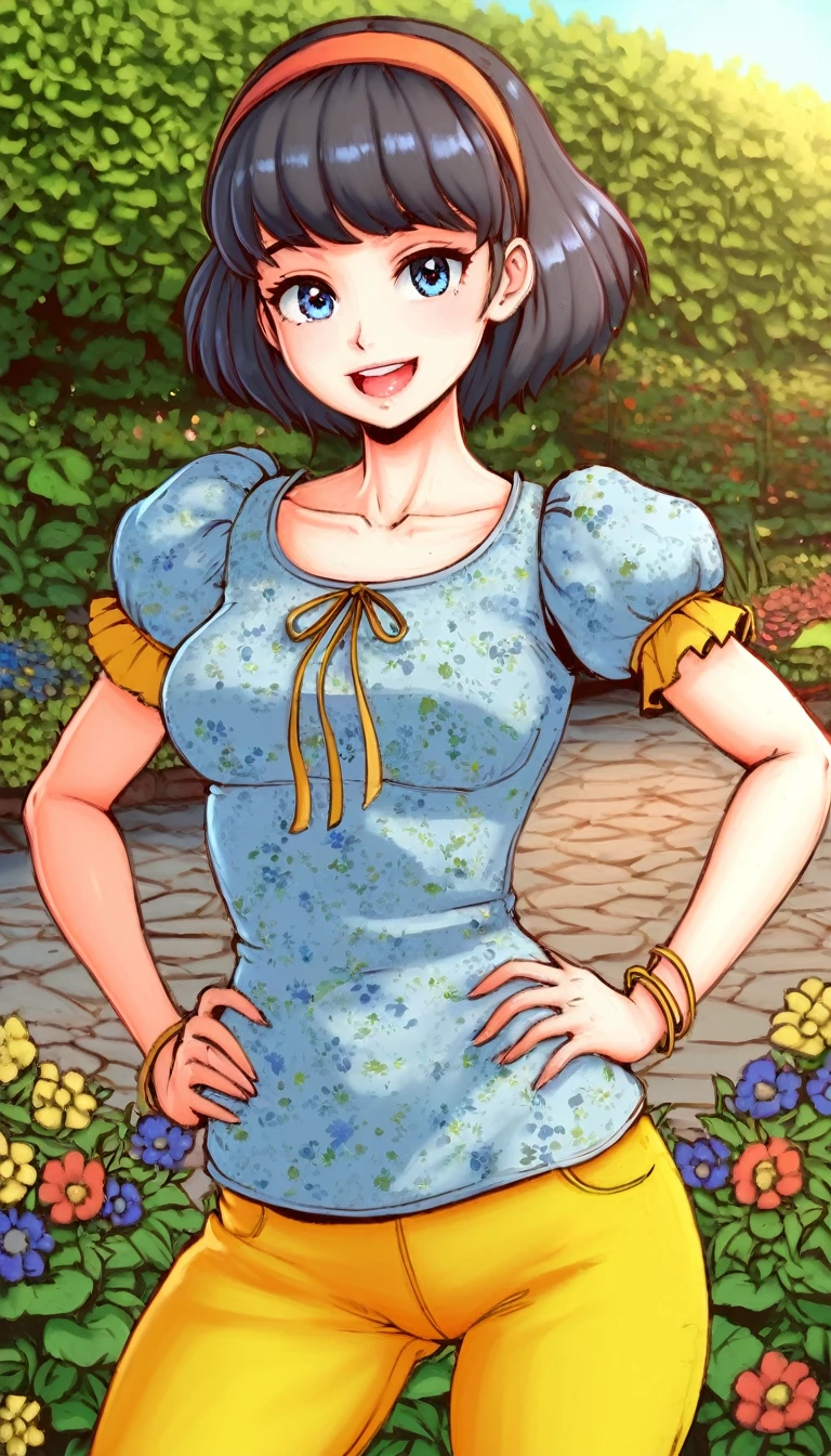 1girl, Solo, black hair, blue eyes, pale skin, blue t shirt, puffy short slevees, yellow pants, short hair, smiling, floral print, open mouth, garden, outdoors, red, hands on hips, head band, standing, Masterpece, looking at the viewers, cowboy shot, ,looking at veiewers,Best Quality, puffy short sleeves, Masterpece, looking at the viewers, cowboy shot, ,looking at veiewers,Best Quality, Bracelet, squard neck, 1990's style, 4K, 8K, UHD, ultra-detailed, HDR, High quality, Best Quality, ((masterpiece: 1.2)),