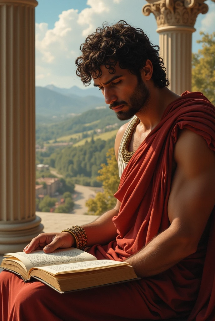 alexander the Great as an adult reading a book looking like a Greek painting