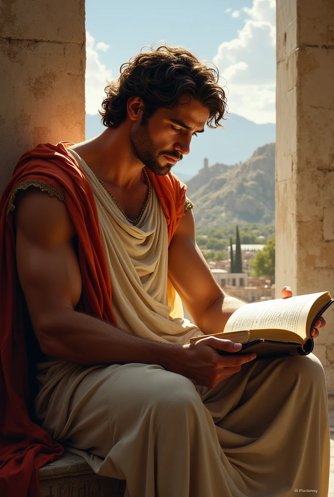 alexander the Great as an adult reading a book looking like a Greek painting