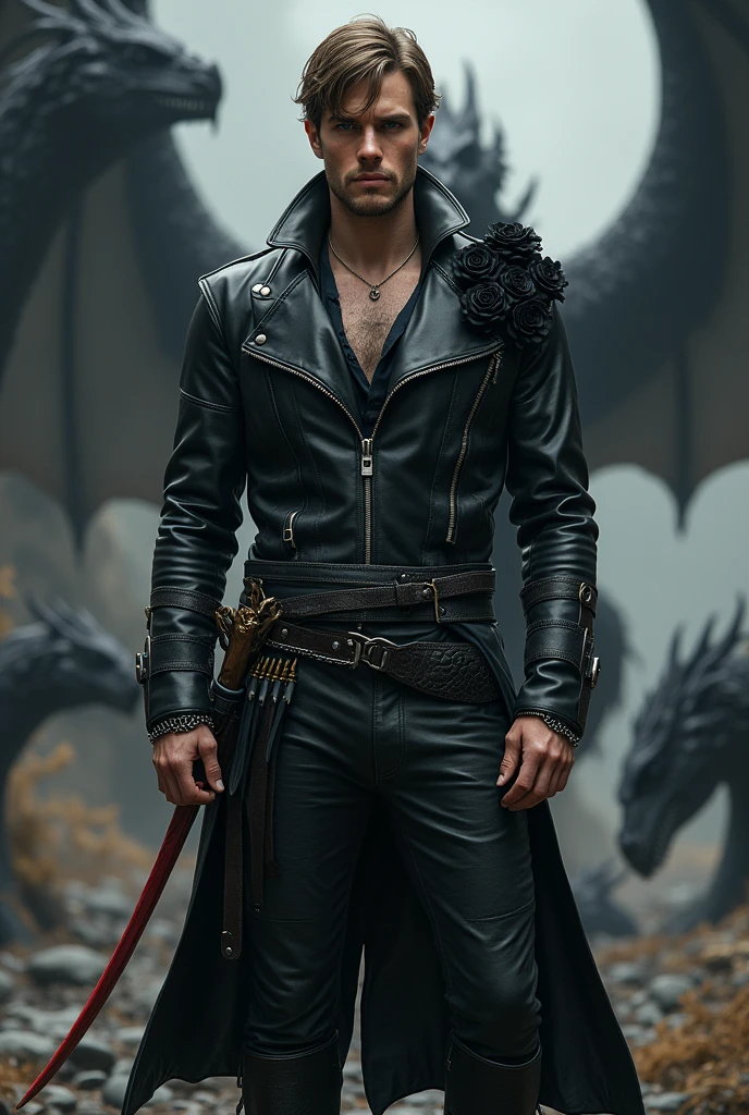 He wears a black leather jacket, a pair of black leather pants, a leather boot with chains holding it to the ankle, he has a red scabbard for a sword, some daggers on the side, he has light brown hair, dark shaped eyes, and all over his clothes there are designs of black roses decorating, the only visible parts are the face and hands, a definitely handsome man.

Make with black dragons background