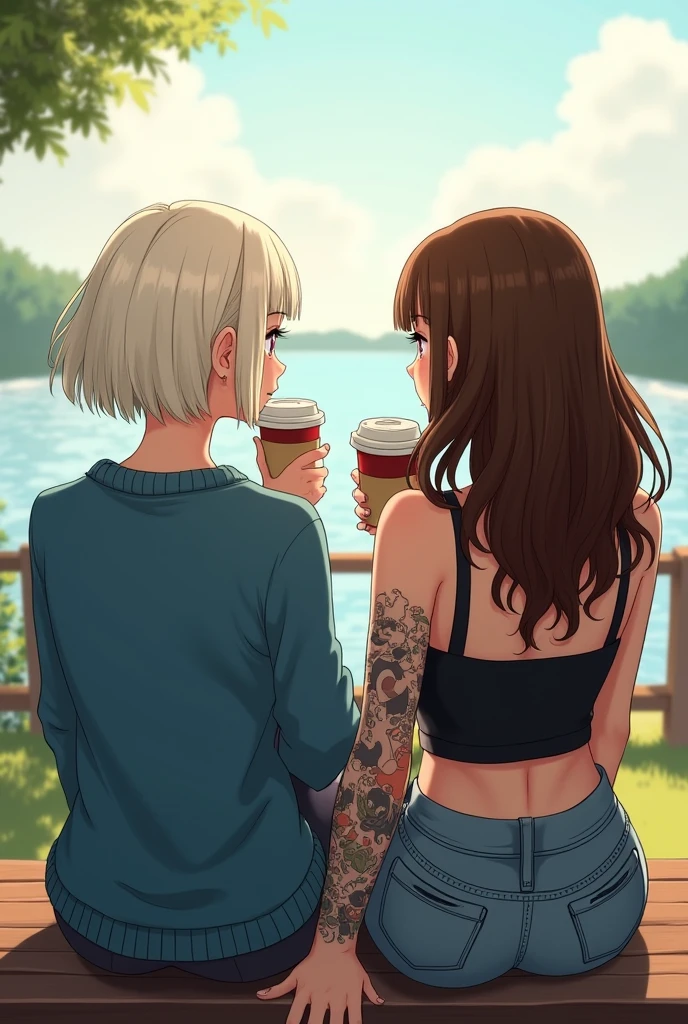 Une illustration de deux amies assises en tailleur et de dos qui boivent un café sur un banc. Elles regardent le paysage. We only see their backs. The first girl has platinum blonde hair with a very straight shoulder length bob and a blue sweater.. The second girl has very long brown hair down to her back and wavy and a black tank top. She has her entire right arm tattooed. 