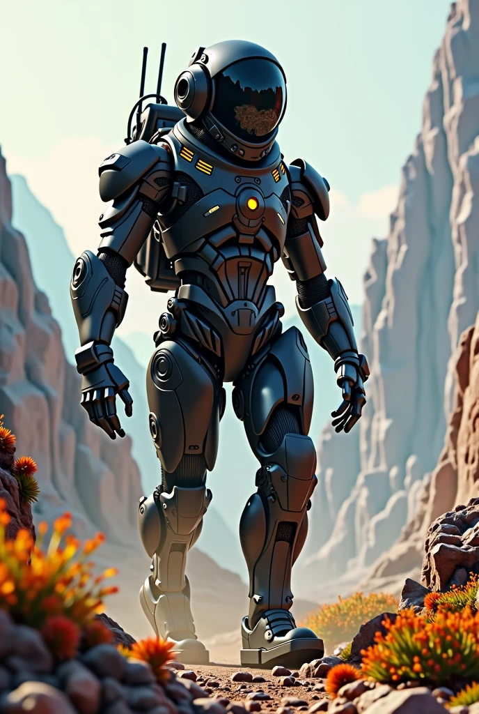 An astronaut in a black robotar lion on another planet