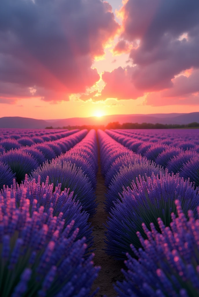 Champ de lavandes, coucher de soleil, ciel nuageux et sombre aux couleurs violacé avec des nuances aux couleurs complètementaires du violet. 4k hyper réaliste. Photographie canon 5d mark 3