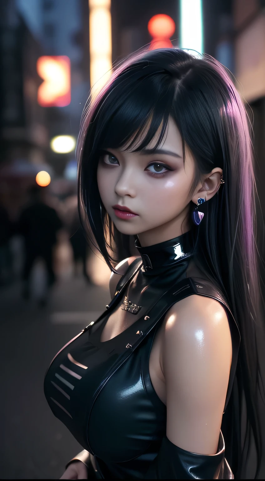 cinematic lighting、(key light：Front 45 degree angle, Fill Light、Backlight、Shadow、Blue and orange color palette), accurate human body、knowledgeable person、Correct five-finger、Raw photo、4K - ultra-vivid、highest quality, masterpiece, ultra high resolution, (reality: 1.4), 


(((oil skin,glowing skin、realistic skin texture、Fine and beautiful skin、shiny skin、shiny skin)))、

Beautiful young, 1 girl, Attractive girl, Cool girl、girl、mini skirt、Black mask、((赤いdark makeup))、((big breasts)) 、 girl1, purple eyes, Off-the-shoulder sweater dresses, cinematic lighting、Purple and black hair、(Mine girl、Goth Makeup、my makeup)、(Pierced Ears、big breasts、An oversized black t-shirt with open shoulders、Dark mini skirt)、((dark makeup、oil skin,glowing skin、realistic skin texture、Fine and beautiful skin、shiny skin)), Dark downtown at night、Goth Makeup、Kabukicho、Dark Cyberpunk、(full shot:1.8)、thin legs、thin arms、thin shoulders、thin waist、slender body、beautiful breasts、whole body、full of embarrassment、sexy pose、(((big breasts、big breasts)))、(((exclamation mark, Moaning, Many Hearts,spoken heart, comic strip, moving line, motion blur, Shaking violently, lots of heart speech bubbles、shout)))、