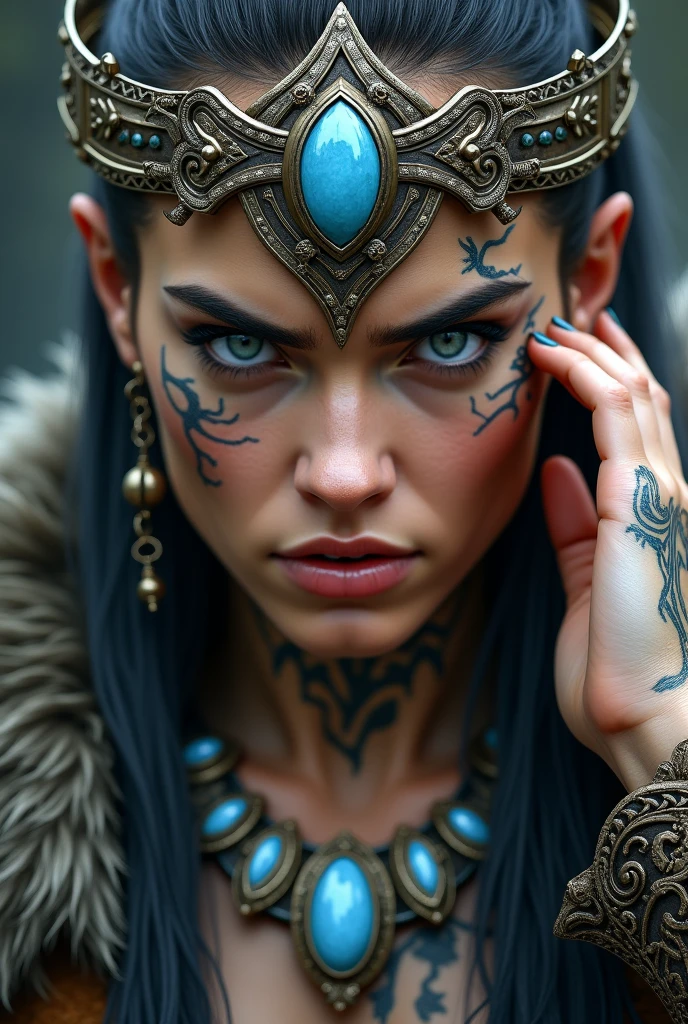 Beautiful Viking warrior close up,40 years old,  Beautiful knife , Woman, blue eye with lightning, large crown on head , tribal tattoo on face, Angry, blue stone neck necklace, hand next to ear
