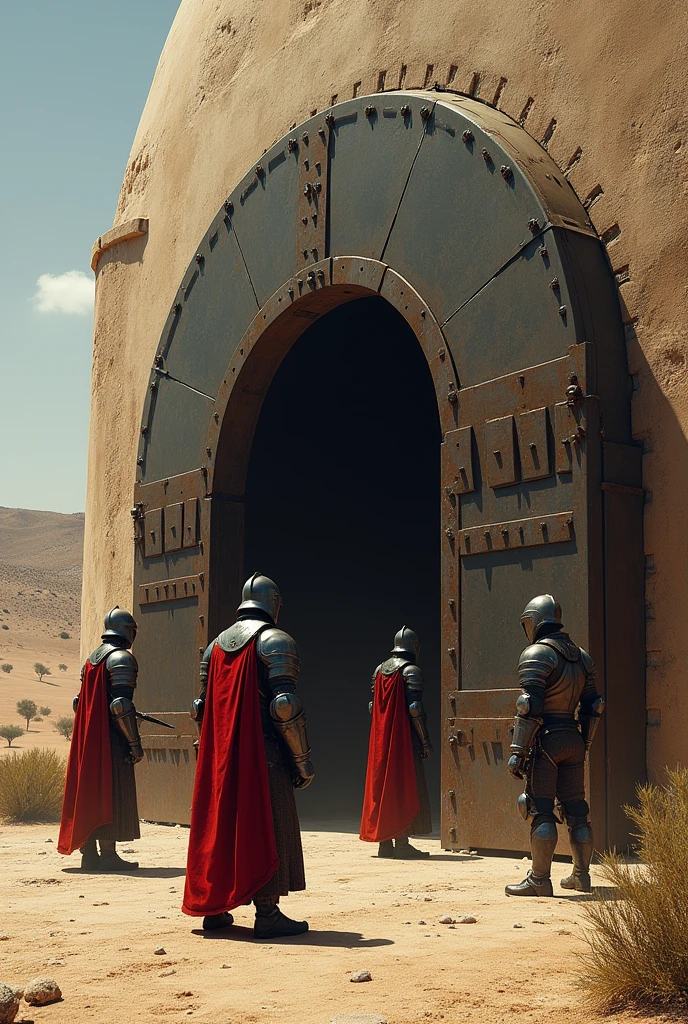 Create a giant oven with the iron door that is on the ground that can only be opened from the outside with 3 medieval knight soldiers without a red cape armor in a place like a desert but some trees