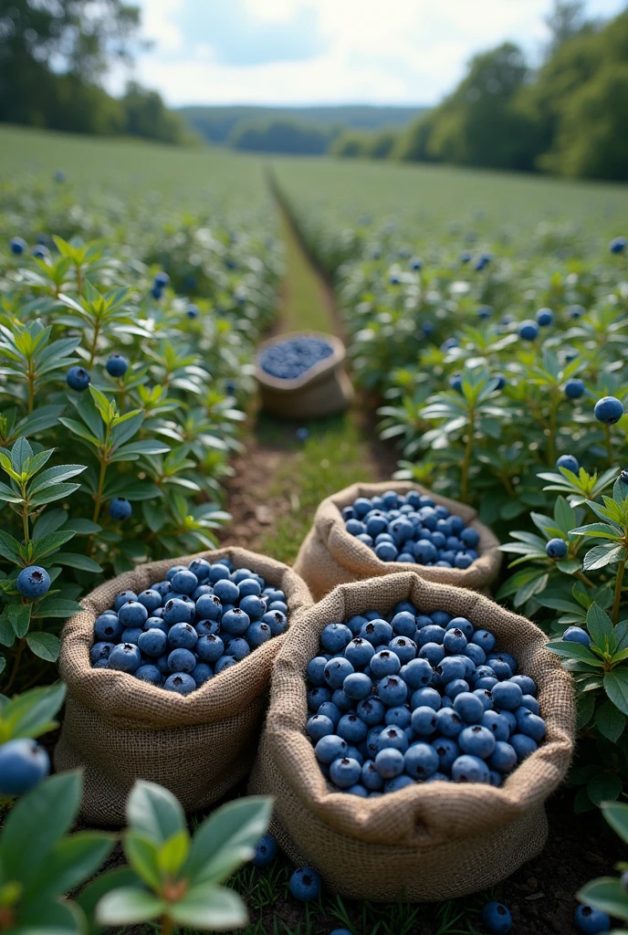 BLUEBERRY FIELD WITH BAGS FULL OF BLUEBERRIES AND A WIDE PATH IN THE MIDDLE