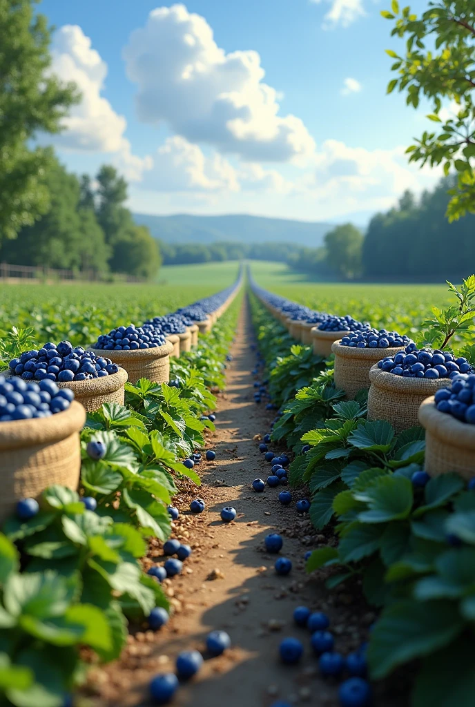 BLUEBERRY FIELD WITH BAGS FULL OF BLUEBERRIES AND A WIDE PATH IN THE MIDDLE