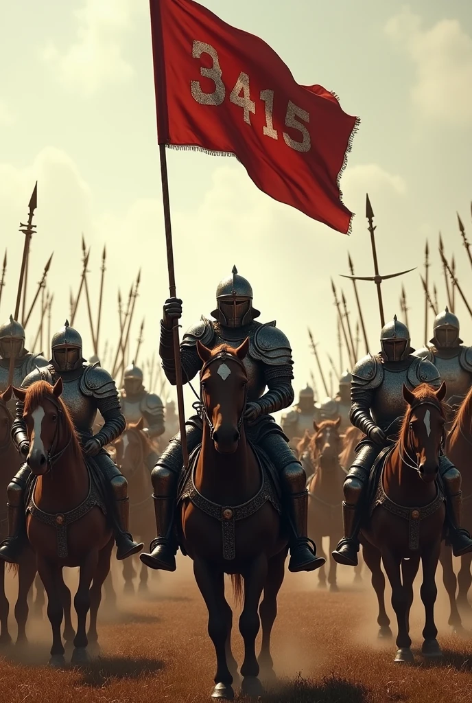 (Photorealism:1.2); Five strong men wearing armor and wielding swords, five men using bow and arrow and five men mounted on horses wielding weapons, profiled in a line. At the front, a strong man holding a flag with the inscription 3415.