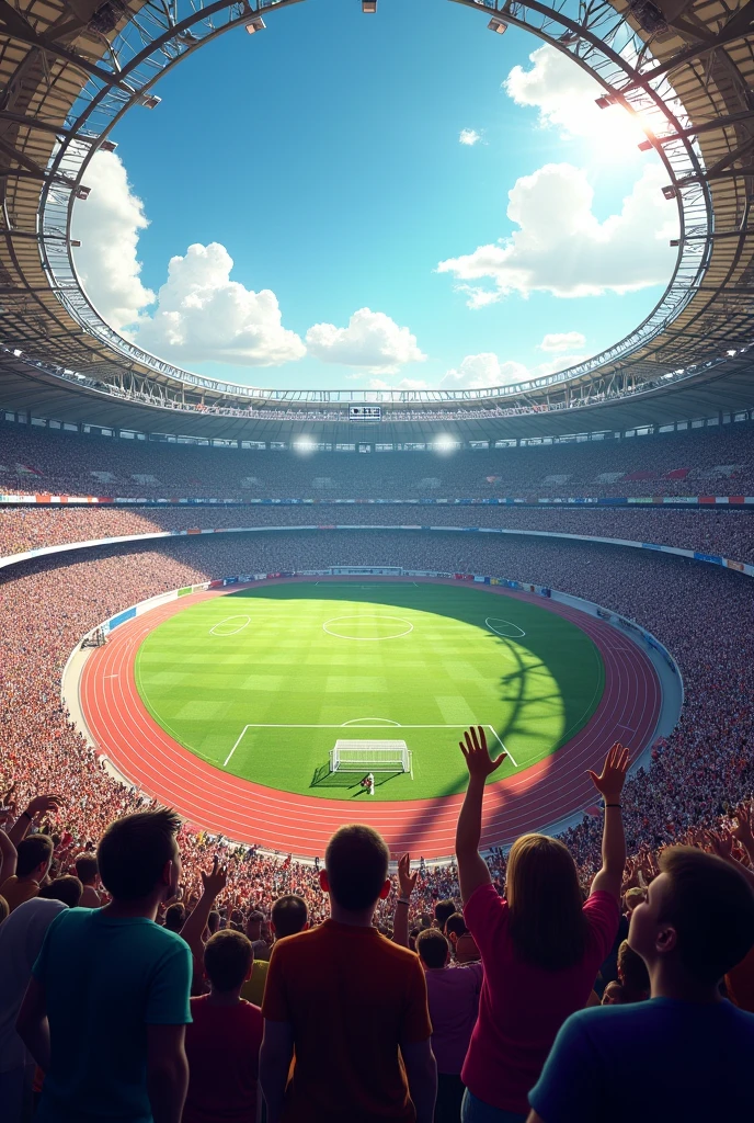 an athletics grandstand, with cheering fans, but you have to show the whole stadium