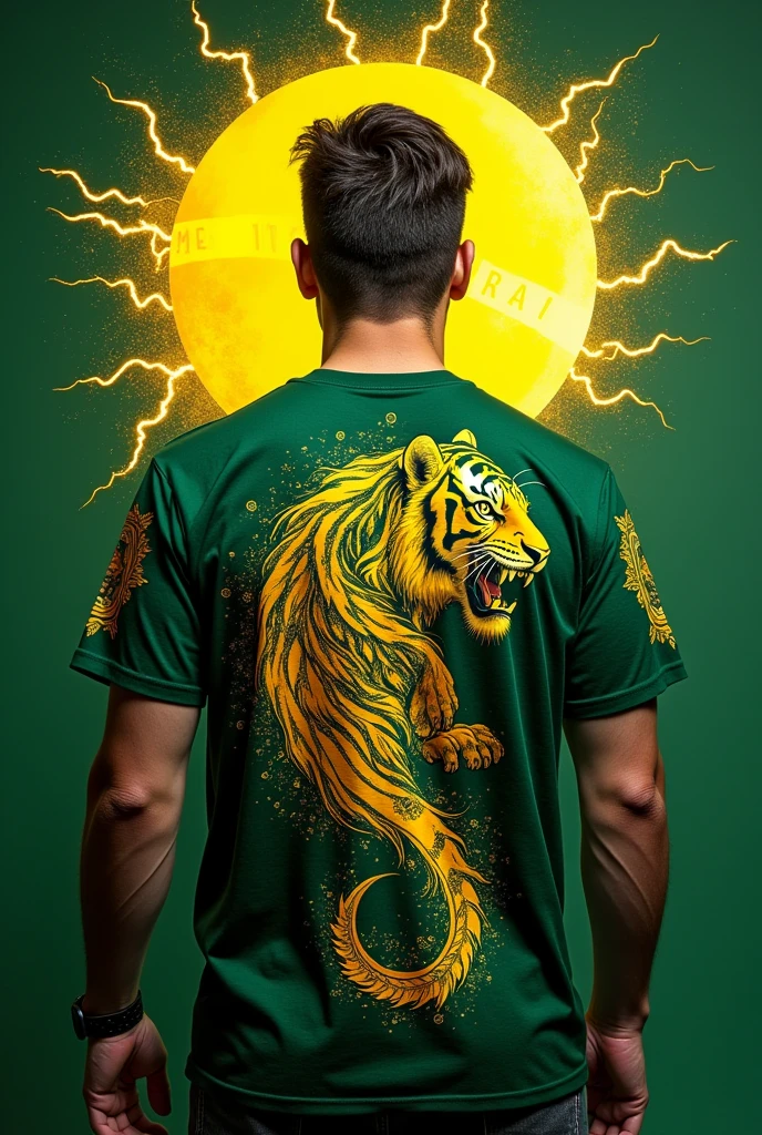generates a front and back Brazil themed t-shirt with a green color palette, yellow, gold and white, Make the golden shadow of a macaw on the back of the shirt and the silhouette of a tiger on the chest of the shirt., On the sleeves it creates a lightning bolt design and on the sides of the shirt as well, make the design super extravagant but at the same time look scary