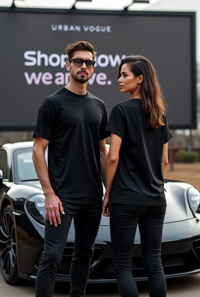 A photo of a male and female model standing in front of a sports car porshe Or g wagon. The male model is wearing a black oversized plain t-shirt with no text, and the female model is wearing is also wearing black oversized plain basic t-shirt. The back of the female model's t-shirt is visible. Female is showing back of the oversized tshirtThe t-shirts are plain and basic and the quality should look premium. . Behind the sports car, there is a billboard of UrbanVogue with the text "Shop now we are live.