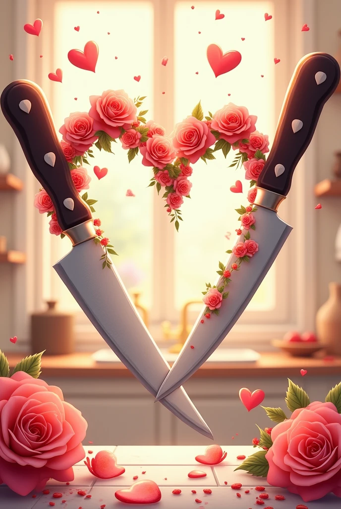 Romantic cover with kitchen knives and pastry utensils with animated flower hearts