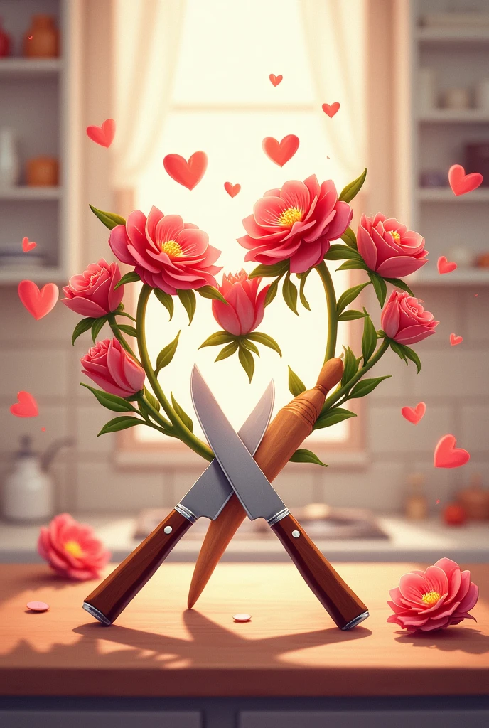 Romantic cover with kitchen knives and pastry utensils with animated flower hearts