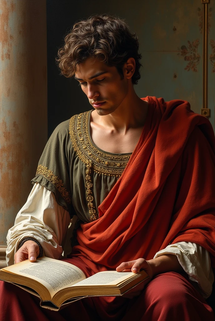 A man in ancient Greek robes,Alexander the Great,reading a book,intricate details,realistic oil painting,chiaroscuro lighting,warm tones,cinematic composition,tenebrism,highly detailed,photorealistic,dramatic shadows,volumetric lighting,jewel-toned colors,classical Greek architecture in background,elegant posture,contemplative expression,masterful brushwork,ultra-realistic,breathtaking realism,flawless detail,museum quality