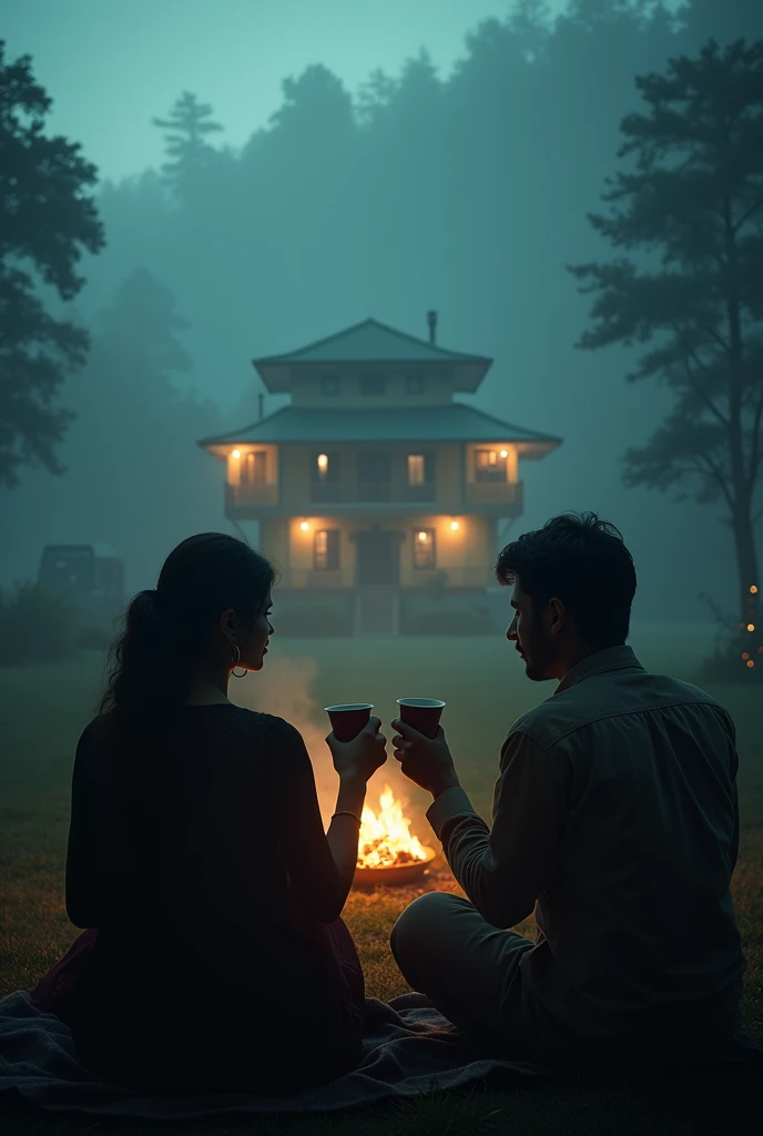 cinematic, photo realistic film poster of a man and his wife sipping tea, looking up at the bungalow on the opposite side, a bon fire near them at night, a van parked just beside them, monsoon, foggy weather, Darjeeling outskirts, foggy night, revenge mode