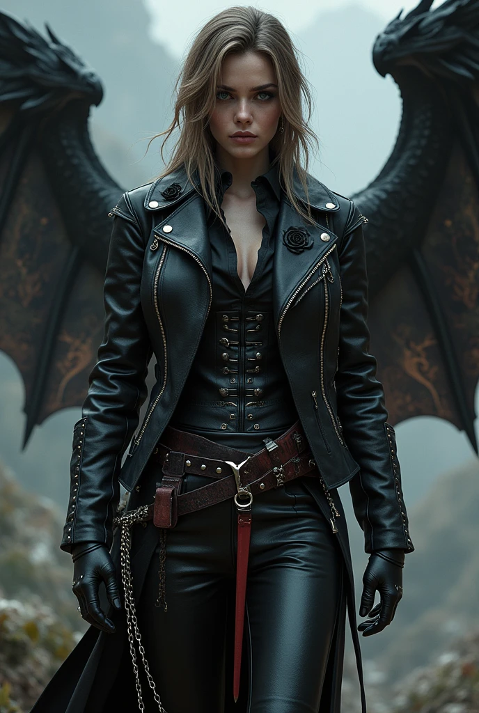 He wears a black leather jacket, a pair of black leather pants, a leather boot with chains holding it to the ankle, he has a red scabbard for a sword, some daggers on the side, he has light brown hair, dark shaped eyes, and all over his clothes there are designs of black roses decorating, the only visible parts are the face and hands, a definitely handsome man, just swap the last man with this one.

Make with black dragons background