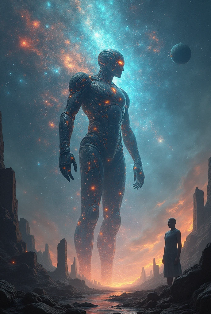 Make an image that technology has created awareness of, and has become a being, and have dominated the universe by manipulating everything and everyone, with photos of universes, stele,planets all being manipulated by this being.