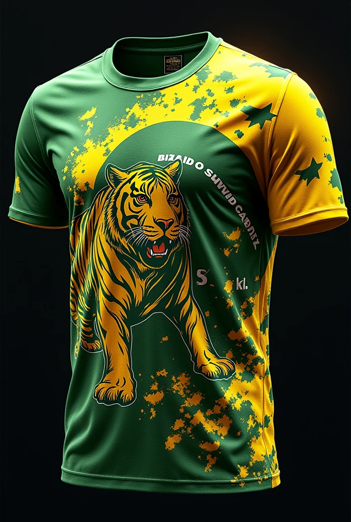 generates a front and back Brazil themed t-shirt with a green color palette, yellow, gold and white, Make the golden shadow of a macaw on the back of the shirt and the silhouette of a tiger on the chest of the shirt., On the sleeves it creates a lightning bolt design and on the sides of the shirt as well, make the design super extravagant but at the same time look scary