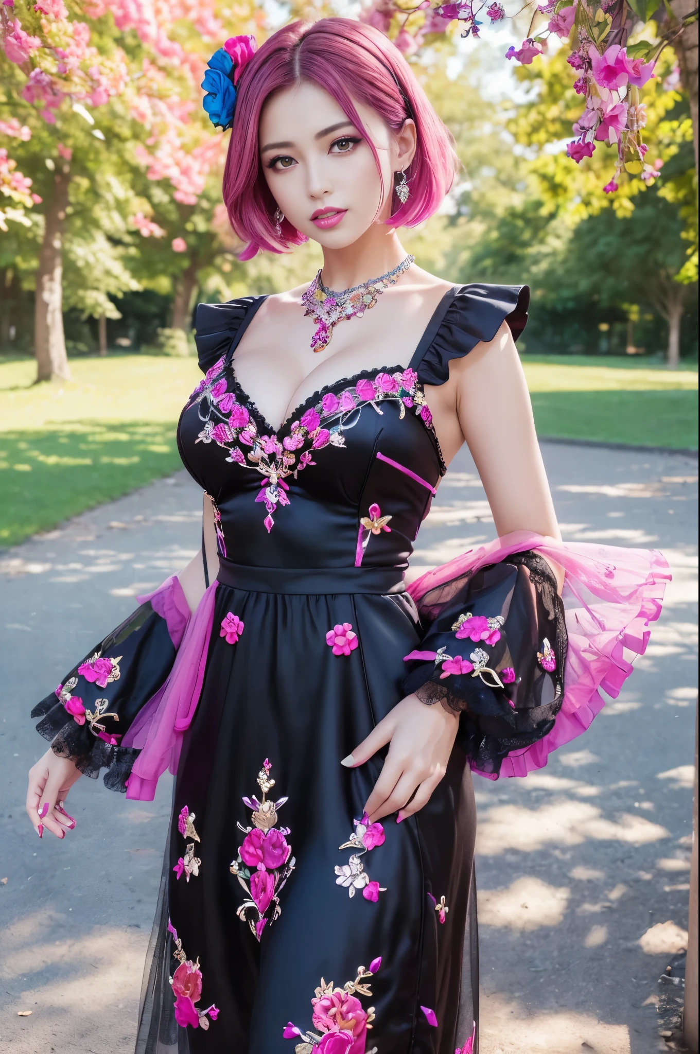 (masterpiece:1.4), (best quality:1.4), ultra high res, ultra high resolution, ((detailed facial features)), HDR, (realistic, photorealistic, photo-realistic:1.37), full body Esbian, sexy swedish model, (-anime), only 1 model, (vivid colors), ((vivid colors multicolor (fuchsia, pink, light purple) very short hair)), ((beautiful smile)), lip-gloss, long lashes, ultra detailed makeup, defined eyebrows, wearing large sparkling colorful jewelery, wearing a red silk Paradise Kiss cosplay dress with black floral embroidery, ((vivid colors outfit)), (vivid colors), look at the camera, cinematic light, large park background with trees, sweet and sexy pose