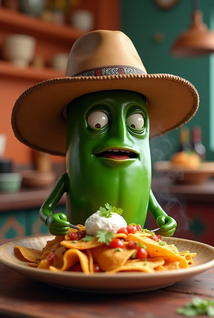 Jalapeño pepper with cowboy hat tasting chilaquiles 