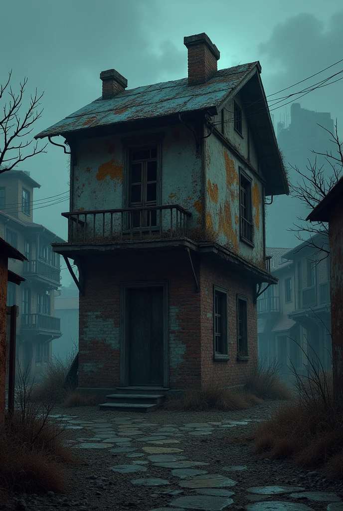 a precarious single-story house made of bricks and zinc sheets almost falling apart in an urban environment at night