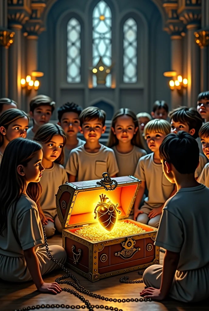 Children praying around a shiny treasure chest with a real golden human heart inside tied with chains in a church (Photo Real)
