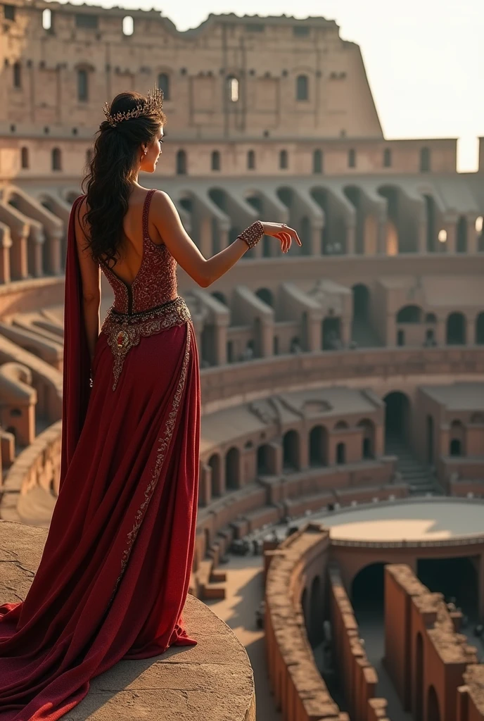 Image of a princess at the top of the Roman Coliseum pointing to one of two doors that are in the arena