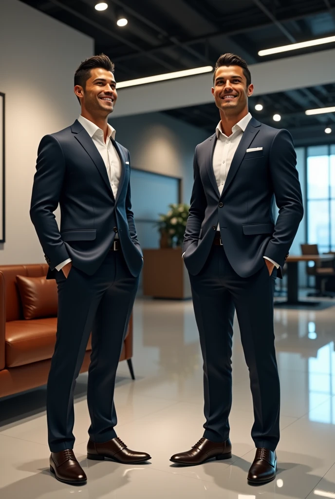 Create an image of Cristiano Ronaldo as a salesman with a positive attitude and another image with an effective attitude