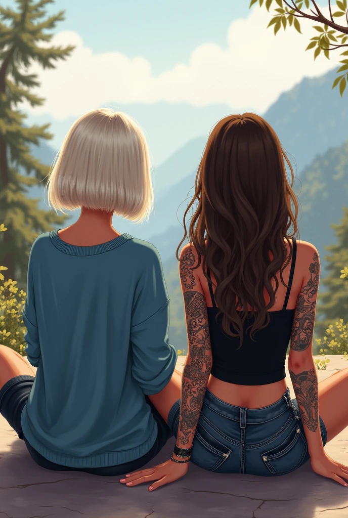 Une illustration de deux filles qui boivent un café assises en tailleur qui regardent le paysage en face d'elles. They are far from each other. The first girl has platinum blonde hair with a very straight shoulder length bob and a blue sweater.. The second girl has very long brown hair down to her back and wavy and a black tank top. She has her entire right arm tattooed.