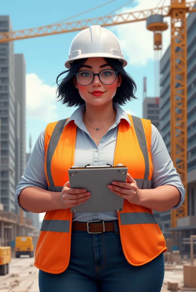 A plus size woman civil engineer, short black hair, round glasses and white helmet