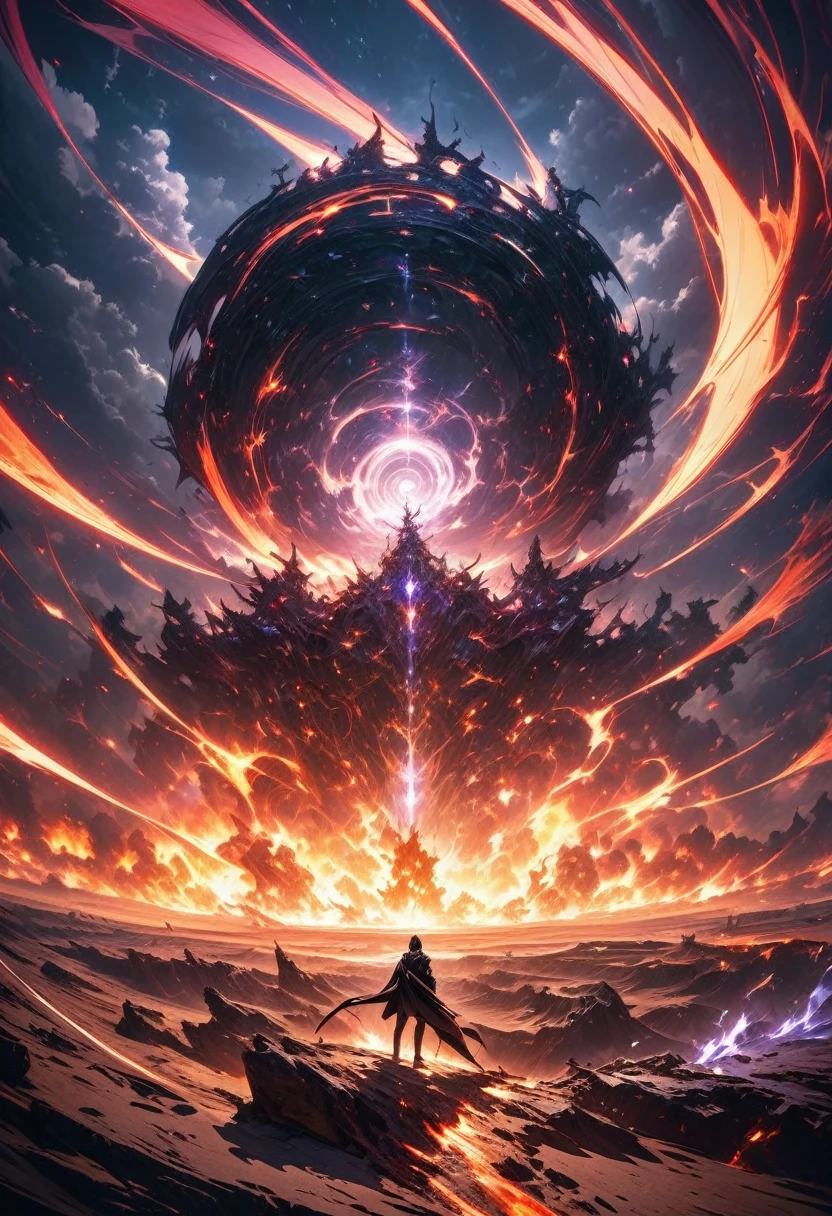 from above, an anime character, Ruizu Shibura, He wears a black cape, all black suit, deadpan expression, standing on a burning desert, bottom, Ominous white and purple swirling clouds, night sky, n, conceptual installation art, (ultra detailed, Absolute resolution, Best Quality:1.3), 2.5D, Delicate and dynamic effects, Artistic, hyper, Computer generated digital fantasy graphic art