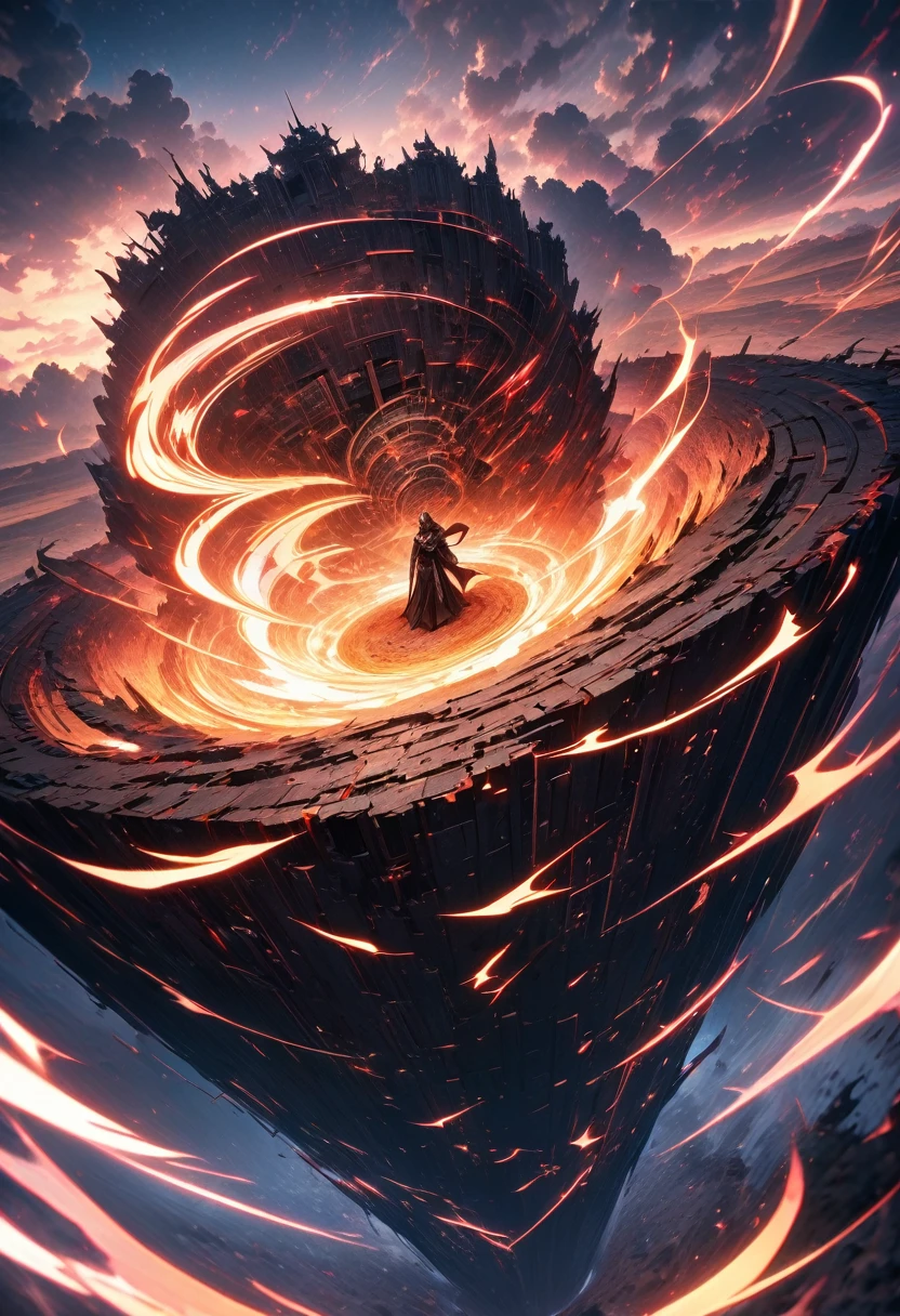 from above, an anime character, Ruizu Shibura, He wears a black cape, all black suit, deadpan expression, standing on a burning desert, bottom, Ominous white and purple swirling clouds, night sky, n, conceptual installation art, (ultra detailed, Absolute resolution, Best Quality:1.3), 2.5D, Delicate and dynamic effects, Artistic, hyper, Computer generated digital fantasy graphic art