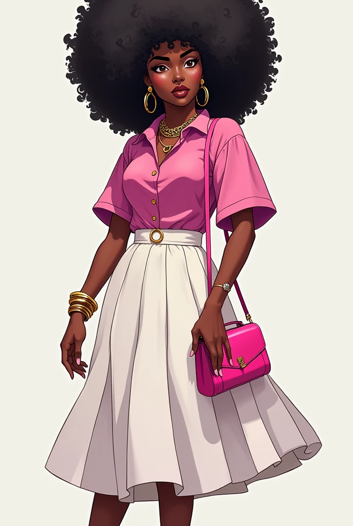 anime dark chocolate skin girl, with afro and a bando wearing a pink shirt , with long white skirt, pink shoes, gold chain, gold bicep bracelet, ear piercings, pink hand purse