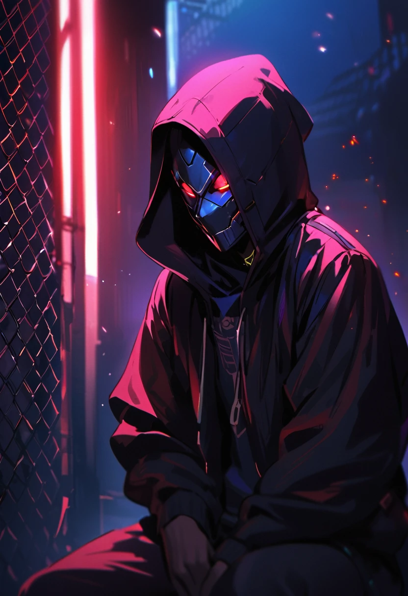 A shadowy character wearing a dark hooded jacket and a face covered by a glowing mask with a terrifying pattern of red eyes and a sinister smile in the form of glowing white stitching.. He is sitting in a relaxed manner in front of a metal fence, with a carefree but intimidating posture. The background is dark with a blue night sky, and the lighting dramatically highlights the shine of his eyes and mouth, while little red sparks float in the air, adding a tense and urban atmosphere. The style is dark and aggressive, with a cyberpunk and vigilante aesthetic, conveying a sense of latent danger.