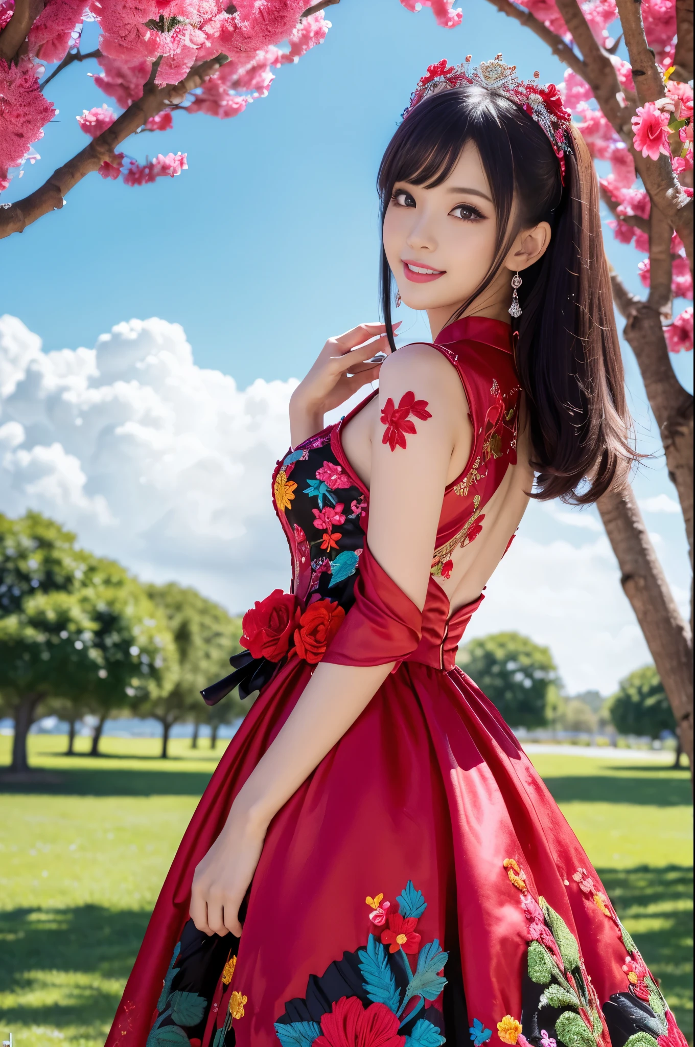 (masterpiece:1.4), (best quality:1.4), ultra high res, ultra high resolution, ((detailed facial features)), HDR, (realistic, photorealistic, photo-realistic:1.37), full body Esbian, sexy Swedish model, (-anime), only 1 model, vivid colors, ((vivid colors multicolor very short hair)), (big smile), lip-gloss, long lashes, defined eyebrows, wearing large sparkling colorful jewelery, wearing a red silk Paradise Kiss cosplay dress with black floral embroidery, ((vivid colors outfit)), vivid colors, look at the camera, cinematic light, large park background with trees, sweet and sexy pose