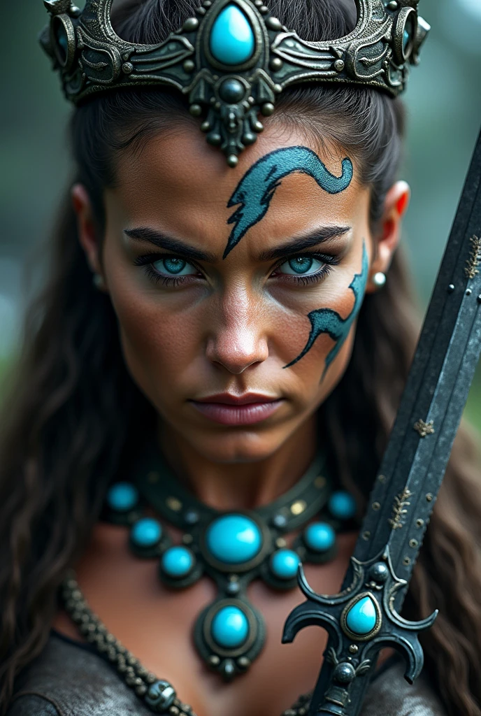 Beautiful Viking warrior close up,40 years old, beautiful knife in hand , Woman, blue eye with lightning, large crown on head , tribal tattoo on face, Angry, blue stone neck necklace, war clothing