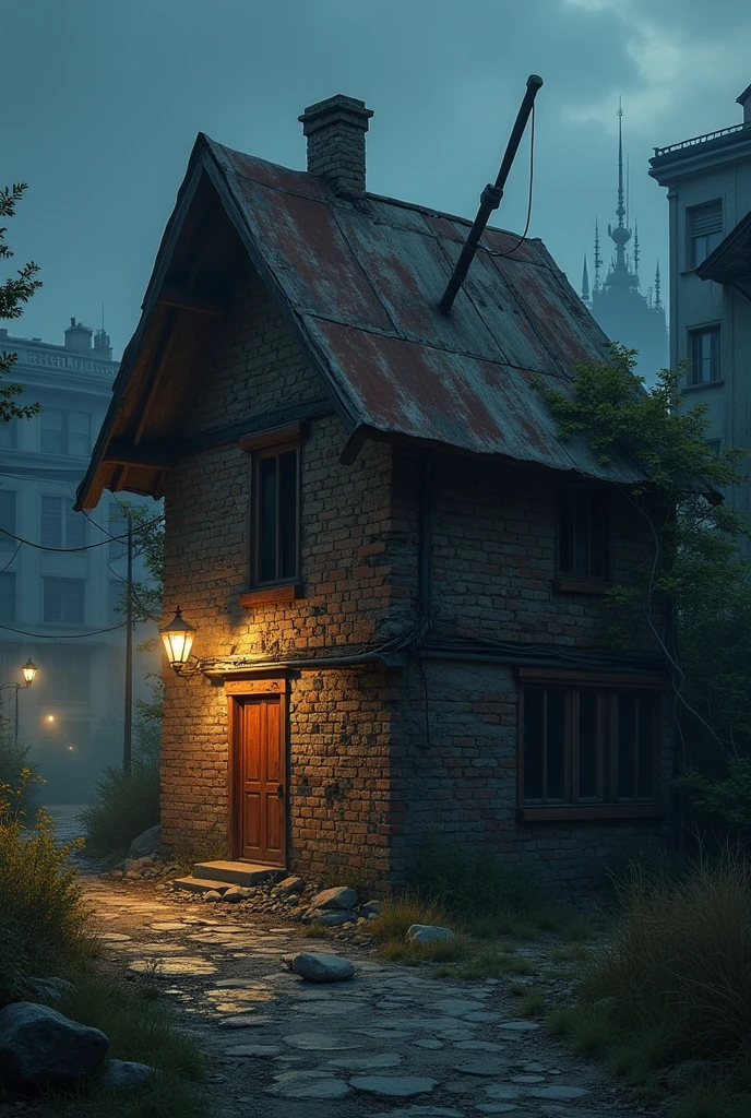 a precarious single-story house made of bricks and zinc sheets almost falling apart in an urban environment at night