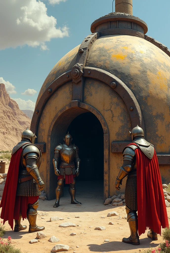 Create a giant oven with the iron door that is on the ground that can only be opened from the outside with 3 giant medieval soldier men without a red cape armor in a place like a desert but some trees 