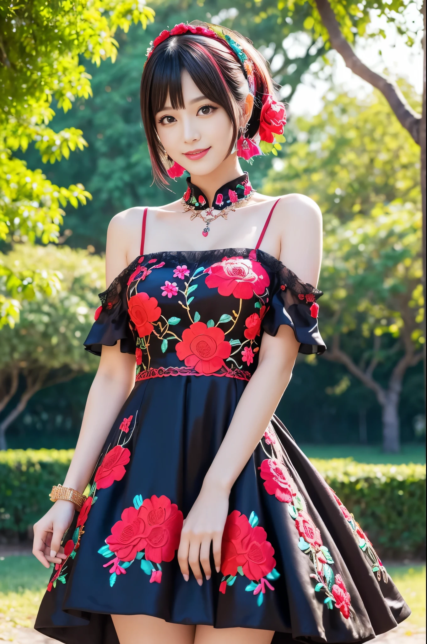 (masterpiece:1.4), (best quality:1.4), ultra high res, ultra high resolution, ((detailed facial features)), HDR, (realistic, photorealistic, photo-realistic:1.37), full body Esbian, sexy Swedish model, (-anime), only 1 model, vivid colors, ((vivid colors multicolor very short hair)), (big smile), lip-gloss, long lashes, defined eyebrows, wearing large sparkling colorful jewelery, wearing a red silk Paradise Kiss cosplay dress with black floral embroidery, ((vivid colors outfit)), vivid colors, look at the camera, cinematic light, large park background with trees, sweet and sexy pose