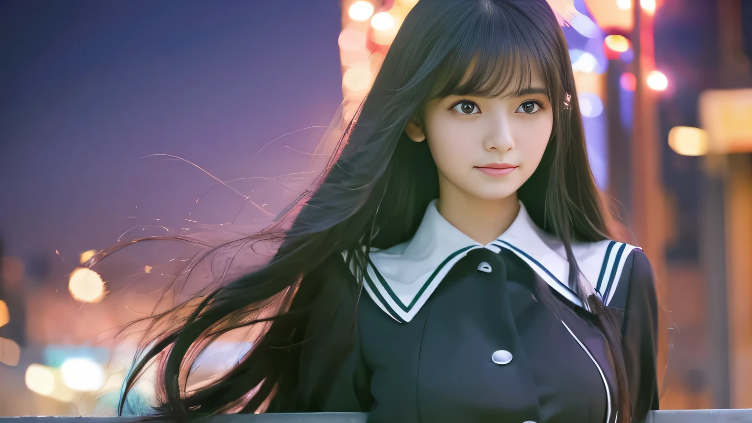 Highest quality,4K,8k,High resolution,masterpiece:1.2,Very detailed,A girl exuding fatigue,long, flowing black hair,Delicate features,Thinking eyes,White skin,Happy expression,Great atmosphere,Wearing a uniform、Gazing into the distance,,Romantic atmosphere、Roppongi Nightlife、Above-the-waist display、Ample breasts、Real Beauty、