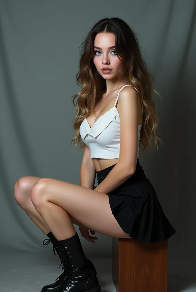 Sexy russian girl wearing school uniform skirt belly visible hot thighs black black top uniform A (((full-body))) picture of an ethereally beautiful 1 girl. Wearing black schools skirt and top sexy thighs and bellyShe has youthful caucasian features and ((very pale white skin)). Her eyes are a striking blue, and she is wearing ((heavy black eye makeup)). She has a very slim body with long thin legs and large round breasts. She is wearing a tight white crop top, a very short black miniskirt, and black boots. She is sitting in a provocative pose that shows off her legs, and her (((whole body from head to toe))) is shown in the photo.