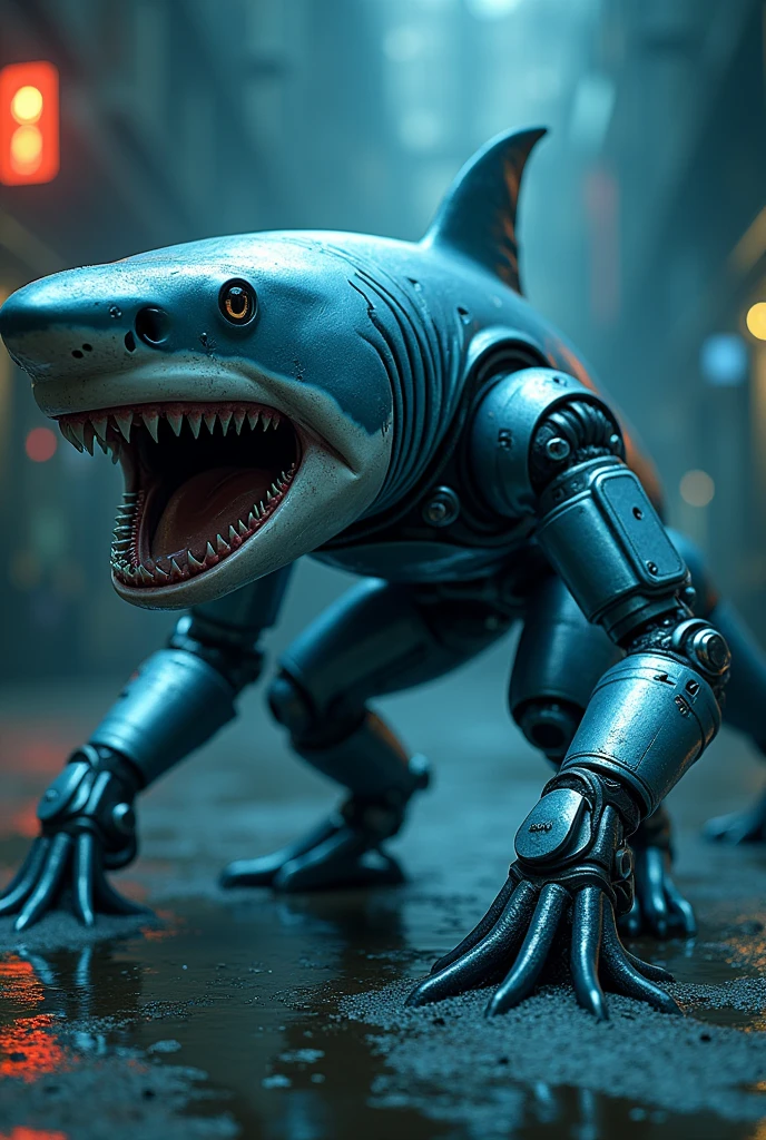 The shark in a robo costyum with blue neonlight