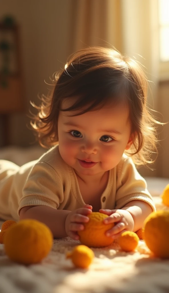 Create a UHD photorealistic image of a -mold giramed Ambreline, smiling gently. She is playing with amber-colored toys in a softly lit room. Captured with a 50mm f/1.4 lens to enhance the warm, golden tones and soft light effects. Ensure exactly five fingers, no 3D style image, no animation style, no Pixar style animation.